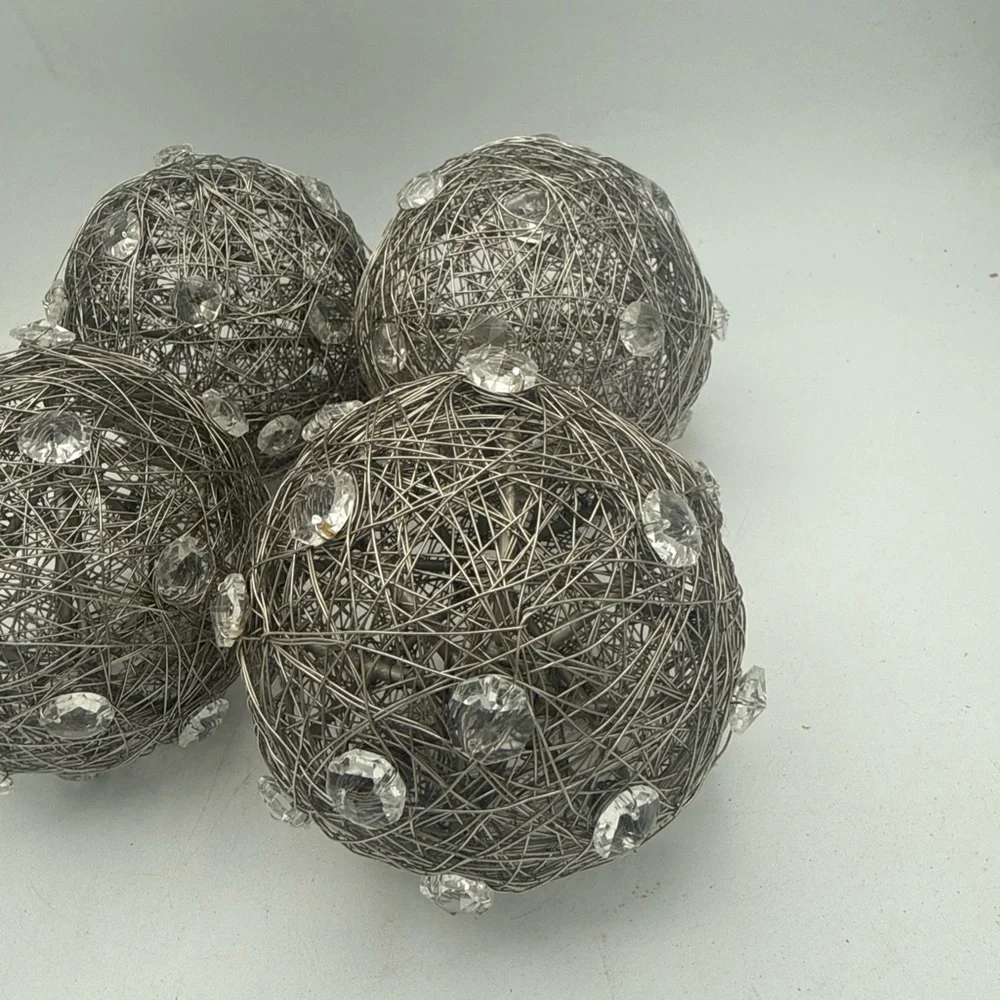 4 Pier 1 One Wrapped Silver Color Metal Wire Orbs Spheres w/ Acrylic Gems 6”